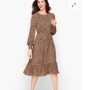Talbots Soft Leopard Print Fit & Flare Dress Woman 16 Long Sleeve Flounce Office